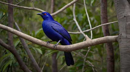 Naklejka premium A Satin Bowerbird stands on a bared tree branch solid color backdrop