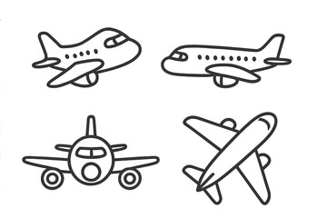 Airplane line icon set. Aircraft simple outline vector illustration. Plane in flight, jet travel concept. Aviation symbol collection. Transport pictogram. Doodle plane graphic pack.