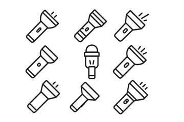 Flashlight line icon set. Torch pictogram collection. Editable stroke vector icons. Portable lamp for hiking, camping, emergency. Search light symbol for web, app design.