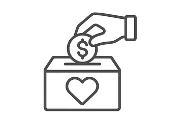 Obraz premium Donation icon. Hand putting coin in charity box with heart. Concept of giving money, fundraising, help and support. Financial aid and social care. Vector line symbol.