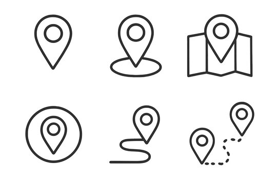Map pin line icon set. Location pointer, GPS navigation, route and destination symbols. Minimalist pictogram collection for web, app UI design. Editable stroke vector signs.