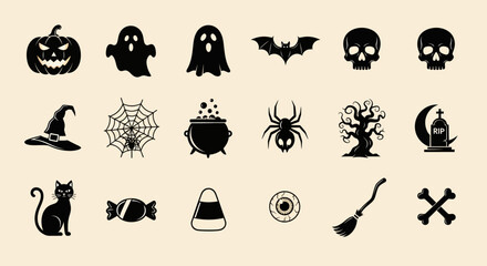 Halloween Icon Set 16 Spooky Black Glyphs for Party Web Print