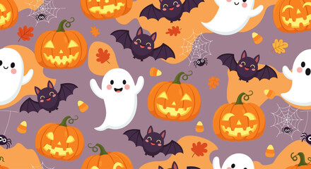 Cute Halloween Pattern Jack o lanterns Ghosts Bats Seamless Texture
