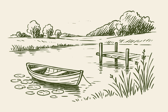 Lakeside boat and pier sketch hand drawn landscape vector illustration