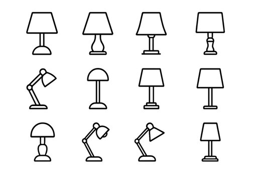 Lamp icon set. Table and desk lamp thin line icons bundle. Vector outline symbols for web and apps. Editable stroke. Home and office lighting equipment. Interior decor.