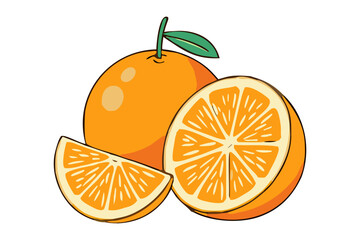 Whole and Sliced Oranges with Leaves - Vector Illustration