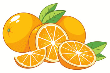 Whole and Sliced Oranges with Leaves - Vector Illustration