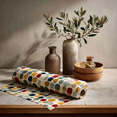 Flat sheet of modern wrapping paper with geometric pattern, placed o neutral tabletop
