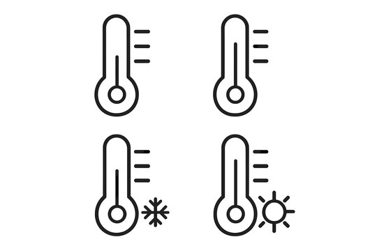Thermometer icon set with editable stroke, thin line style for web, apps, books, and cards, vector illustration collection with cold and hot temperature symbols, transparent background