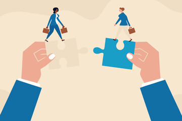 Two business people walking across puzzle pieces held by hands symbolizing teamwork and connection