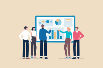 Diverse business team collaborating and presenting data analytics on a whiteboard during a meeting