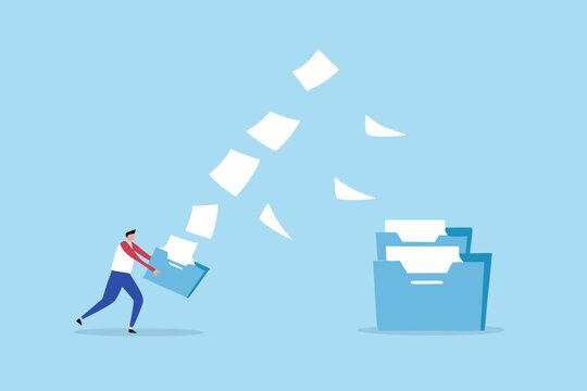 Man organizing documents and filing papers into a blue filing cabinet with scattered papers floating