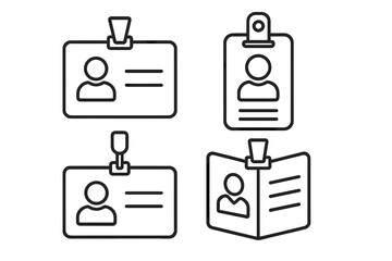 Employee ID badge line icon set. Staff identification card, access pass, and name tag vector collection. Corporate security, identity verification and office entry symbols.