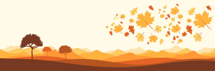 Serene nature background illustration of a windy autumn day with falling leaves and warm color palette suitable for web design or greeting cards