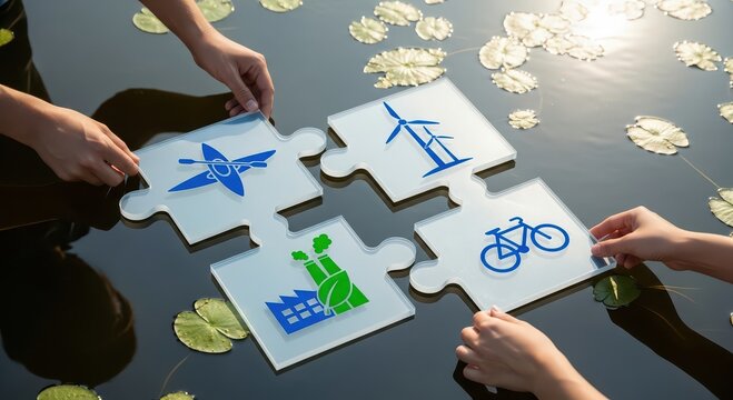 Hands assembling four puzzle pieces with environmental icons floating on water with lily pads