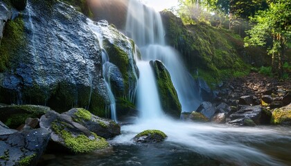 Fototapeta premium Glistening Wet Rocks Cascading Waterfall Cool Misty Light Reflective Surface Energy Cool