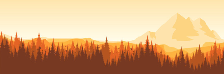 Minimalist vector art of a wilderness scene with a sharp mountain ridge pine trees and flying birds for a travel or nature design