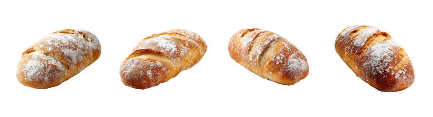 Rustic artisan bread loaves dusted with flour, isolated on black background, PNG set, transparent background