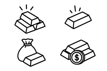 Gold bars simple line icon set. Finance, investment, and wealth concept symbols. Vector bullion, treasure bag, money, and dollar coin illustration. Editable stroke.