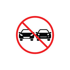 A circular red prohibition sign with a red diagonal line across it, superimposed over two car silhouettes.