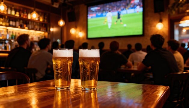 Two glasses of beer on a wooden table in a dimly lit bar with a group of diverse people watching a soccer match on a large screen.