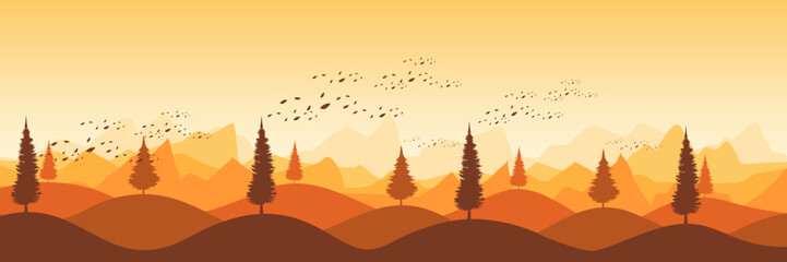 Minimalist fall season scenery with a secluded cabin in the woods rolling hills and a warm golden sky for a presentation background
