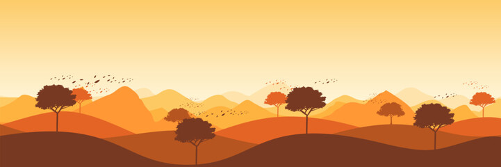 Wide screen vector illustration of a tranquil autumn pine forest scene with rolling hills and ample copy space for a seasonal greeting card