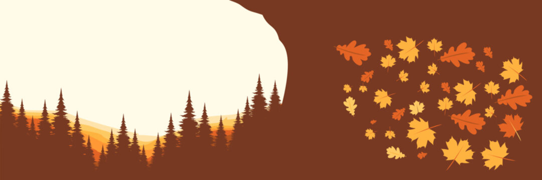 Abstract fall season background for a website header or presentation with a graphic forest landscape and falling maple leaves