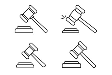Judge gavel outline icon set. Courtroom hammer for law and justice. Legal judgment, verdict or auction symbol. Legislation and authority concept. Simple vector line art.