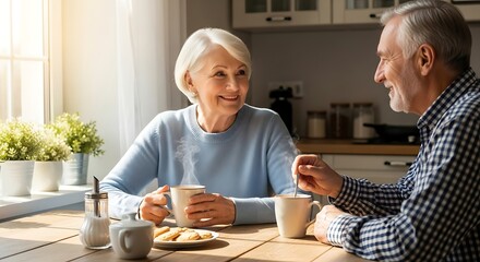 Elderly Woman and Man Enjoying Coffee in Cozy Kitchen with Natural Light