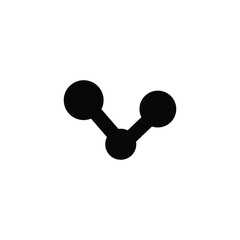 A simple, abstract graphic featuring three black spheres connected by dark lines, resembling a molecular structure or a stylized 'V'.