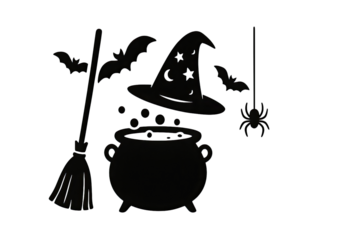 Spooky witch hat with broom bubbling cauldron and hanging spiderweb Halloween magical sorcery theme design isolated on white background