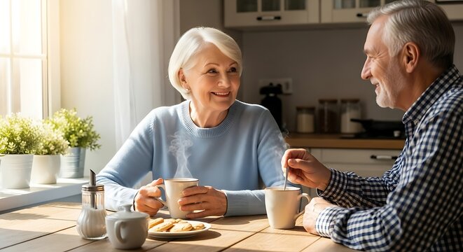 Elderly Woman and Man Enjoying Coffee in Cozy Kitchen with Natural Light
