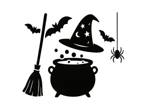 Spooky witch hat with broom bubbling cauldron and hanging spiderweb Halloween magical sorcery theme design isolated on white background - Powered by Adobe