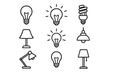 Light bulb lamp icon set vector collection. Line art pictograms of electricity, energy saving & ideas. Editable stroke outline of desk, table & ceiling lights for web design.