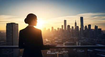 Businesswoman Standing on Balcony Overlooking City Skyline at Sunset