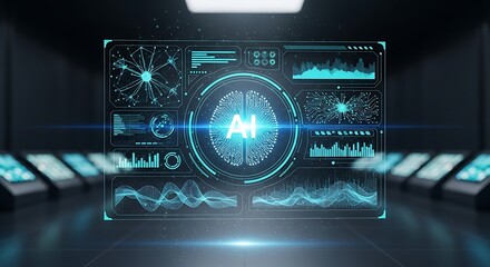 Futuristic Artificial Intelligence Data Interface with Digital Charts and Brain Graphic in Dark High-tech Environment