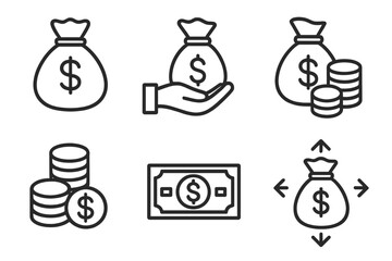 Money bag and cash icon set. Finance, banking, and investment line icons. Dollar sign, coins, and banknote symbols for business concepts. Savings, profit, wealth, loan vector.