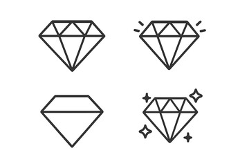 Diamond icon set vector line art. Gemstone and crystal symbols. Luxury brilliant jewel collection. Editable stroke for premium quality, wealth and success concepts. Simple treasure.