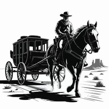 Western Cowboy on Horse Pulling a Stagecoach