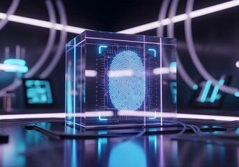 A holographic fingerprint encased in glass, glowing in a high-tech lab