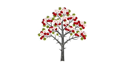 Fototapeta premium Stylized Tree with Red Berries and White Blossoms.
