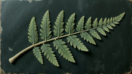 Intricate green fern leaf relief displayed against a rustic dark background showcasing nature's elegance and craftsmanship