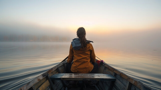 Woman in wooden boat, serene sunrise
