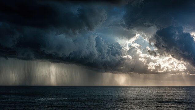 Dramatic storm clouds over a dark ocean, with rain streaks