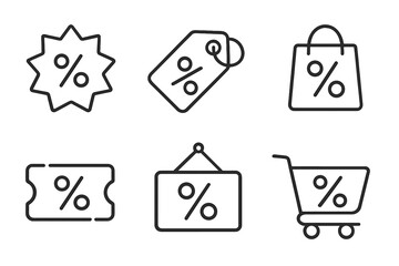 Sale and discount line icon set with percent symbol. Vector collection for promotion and shopping. Price tag, coupon, shopping cart and bag for retail commerce business.