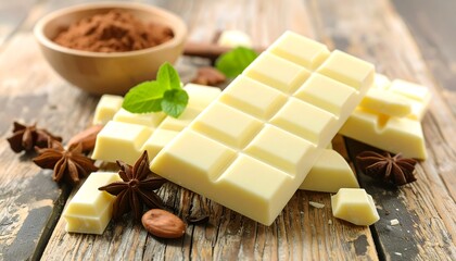 White chocolate bars with cocoa powder and spices