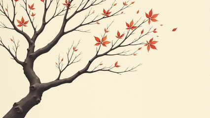 Dancing autumn leaves swirl from bare branches in a serene landscape filled with soft light and tranquility