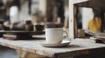White ceramic coffee cup on wooden table