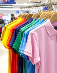 Colorful polo shirts on hangers in a store